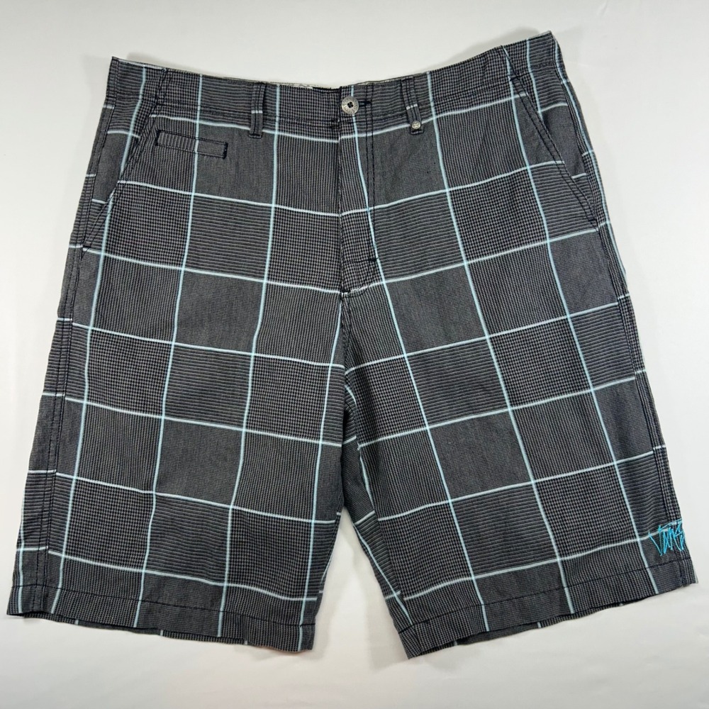 Vans Mens Grey Teal Windowpane Houndstooth Plaid Skater Walk Shorts Size 36‎